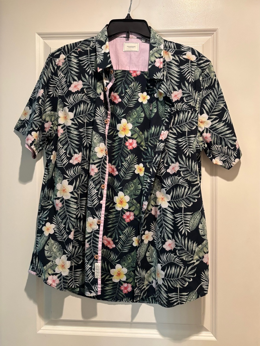 7 Diamonds Navy Tropical Button-Up with Pink Lining